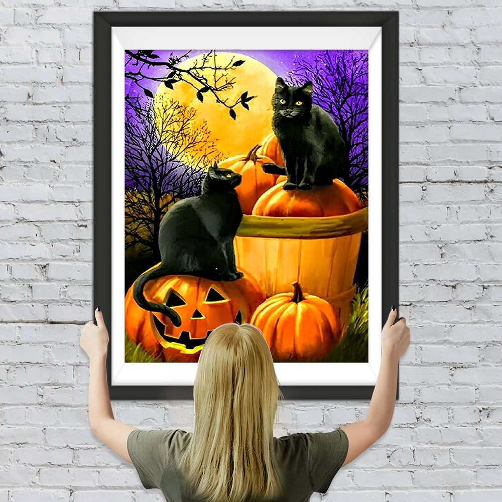 Schwarzes Katzenpaar, Kürbislaternen und Vollmond Diamond Painting