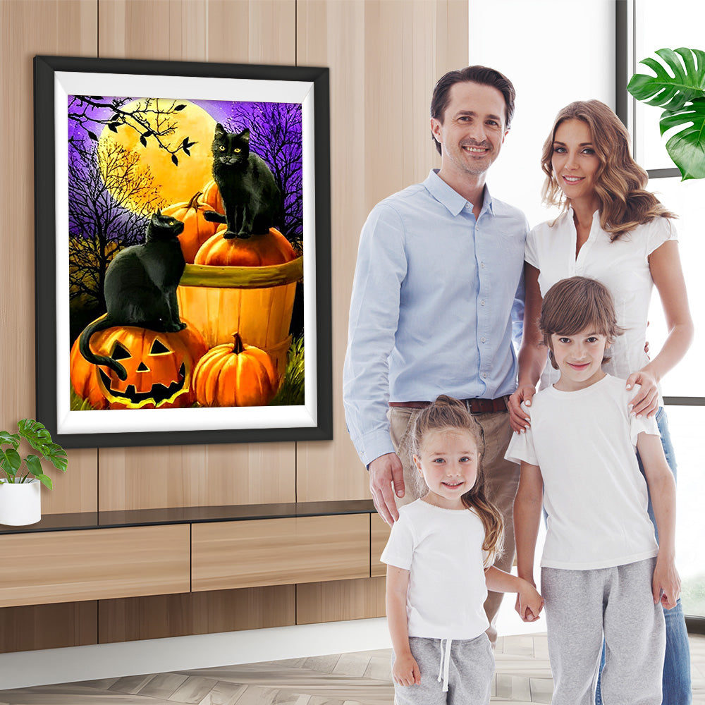 Schwarzes Katzenpaar, Kürbislaternen und Vollmond Diamond Painting