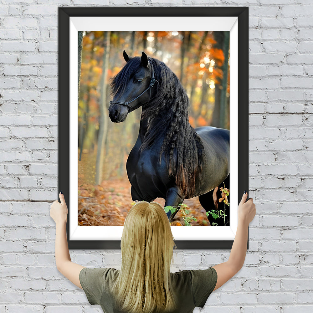 Schwarzes Pferd im Wald Diamond Painting