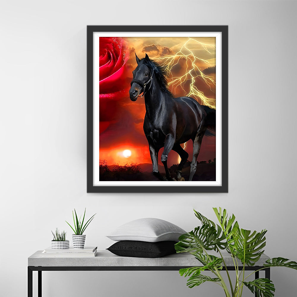 Schwarzes Pferd und rote Rose Diamond Painting