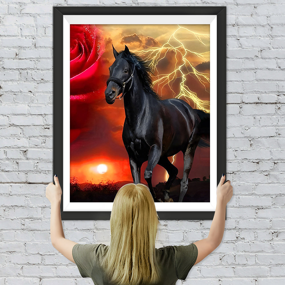 Schwarzes Pferd und rote Rose Diamond Painting
