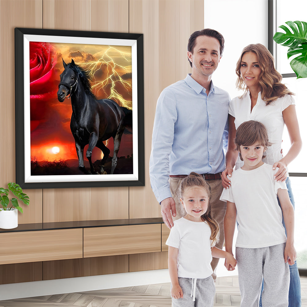 Schwarzes Pferd und rote Rose Diamond Painting