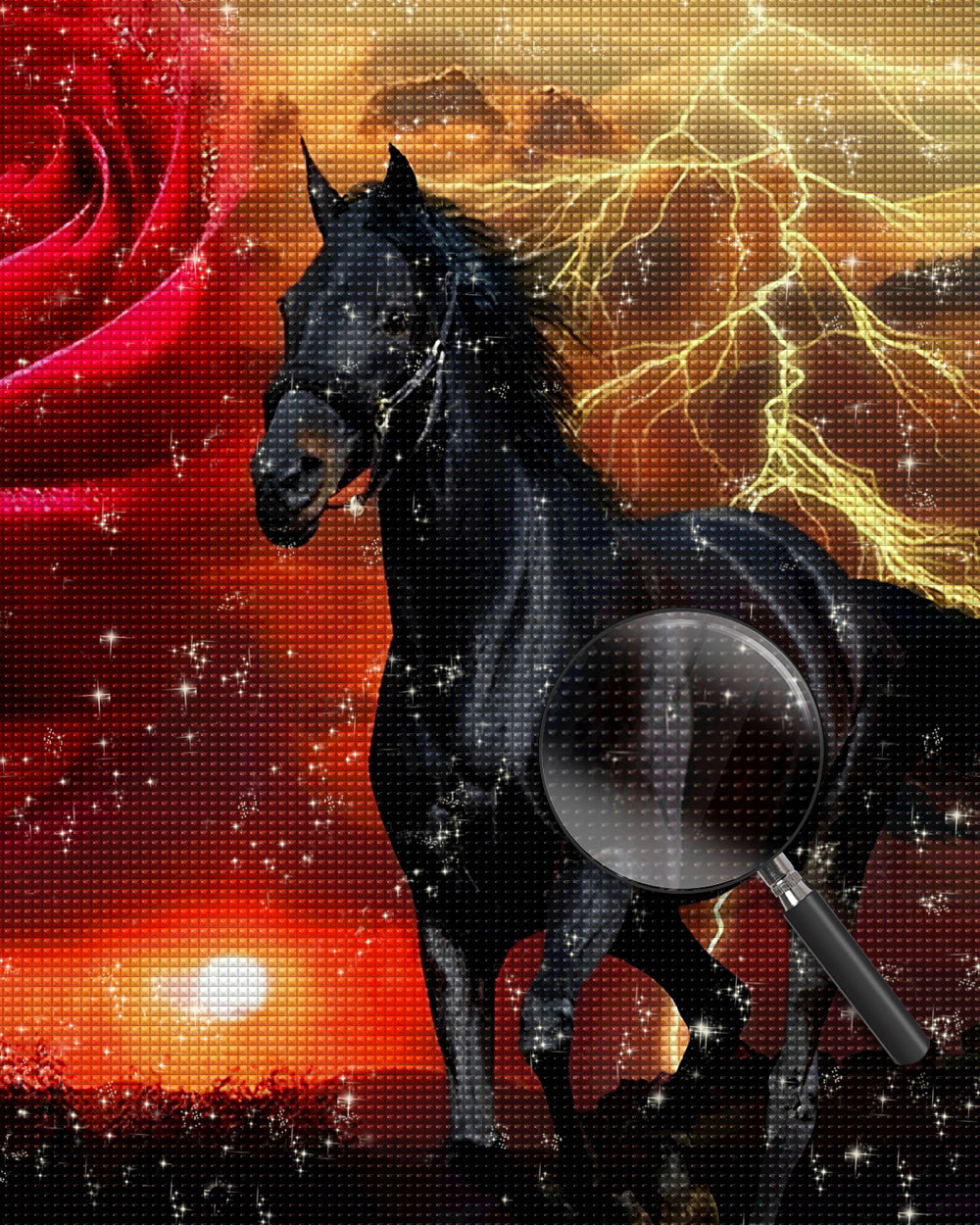 Schwarzes Pferd und rote Rose Diamond Painting