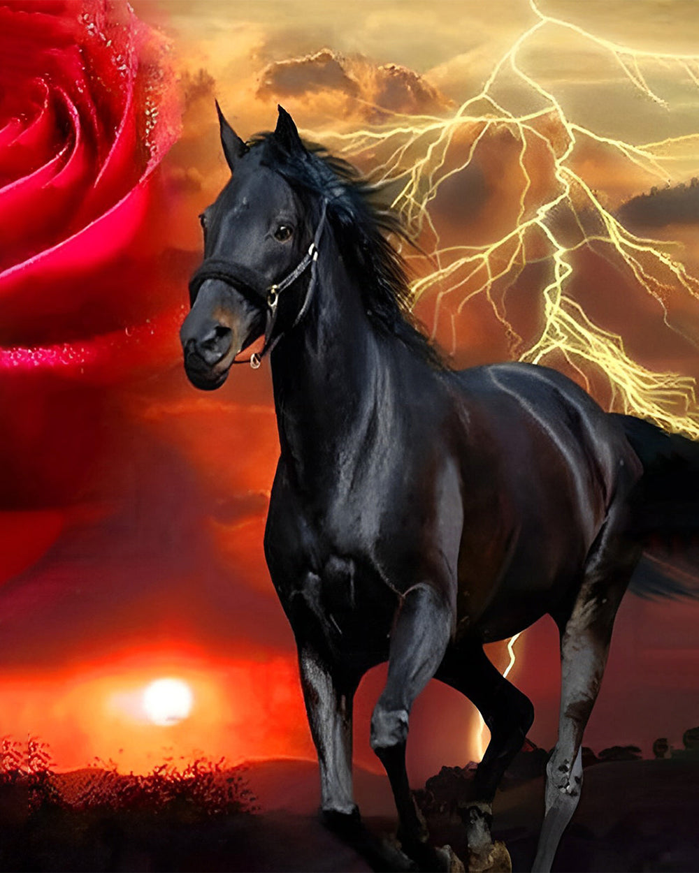 Schwarzes Pferd und rote Rose Diamond Painting