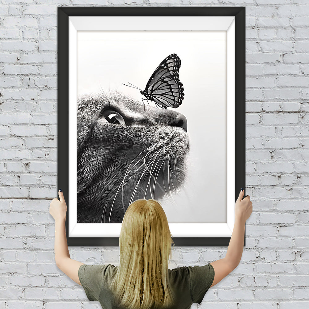 Schwarzweiße Katze und Schmetterling Diamond Painting