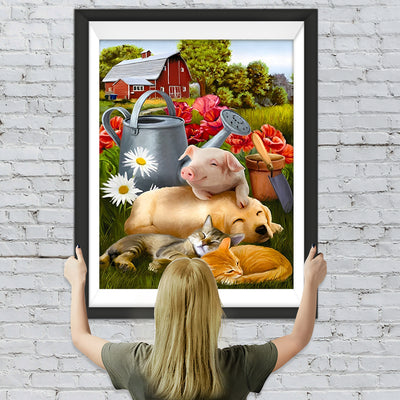 Schwein, Hund und Katze auf dem Bauernhof Diamond Painting