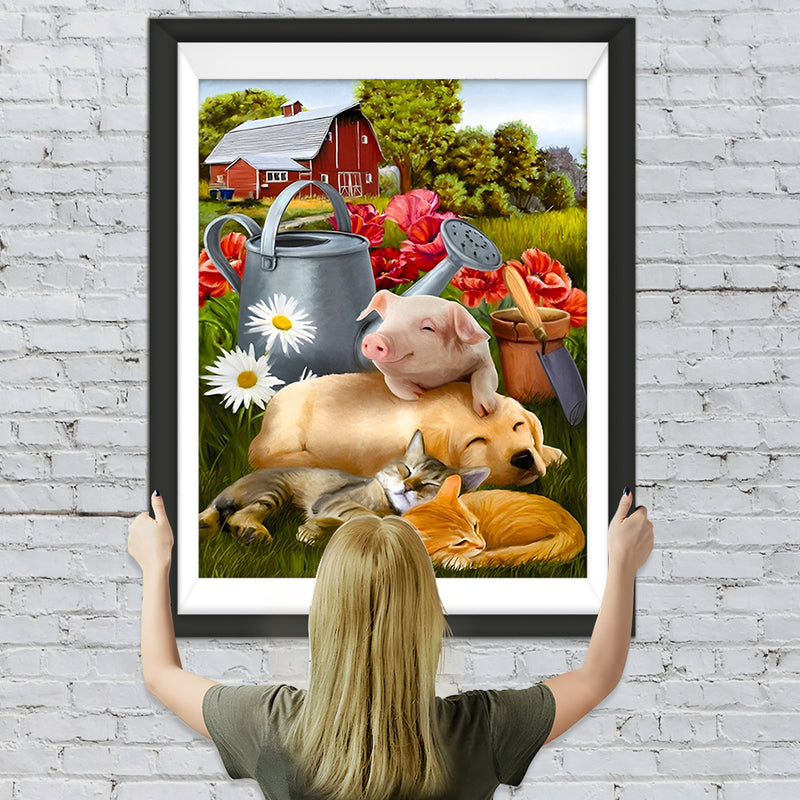 Schwein, Hund und Katze auf dem Bauernhof Diamond Painting