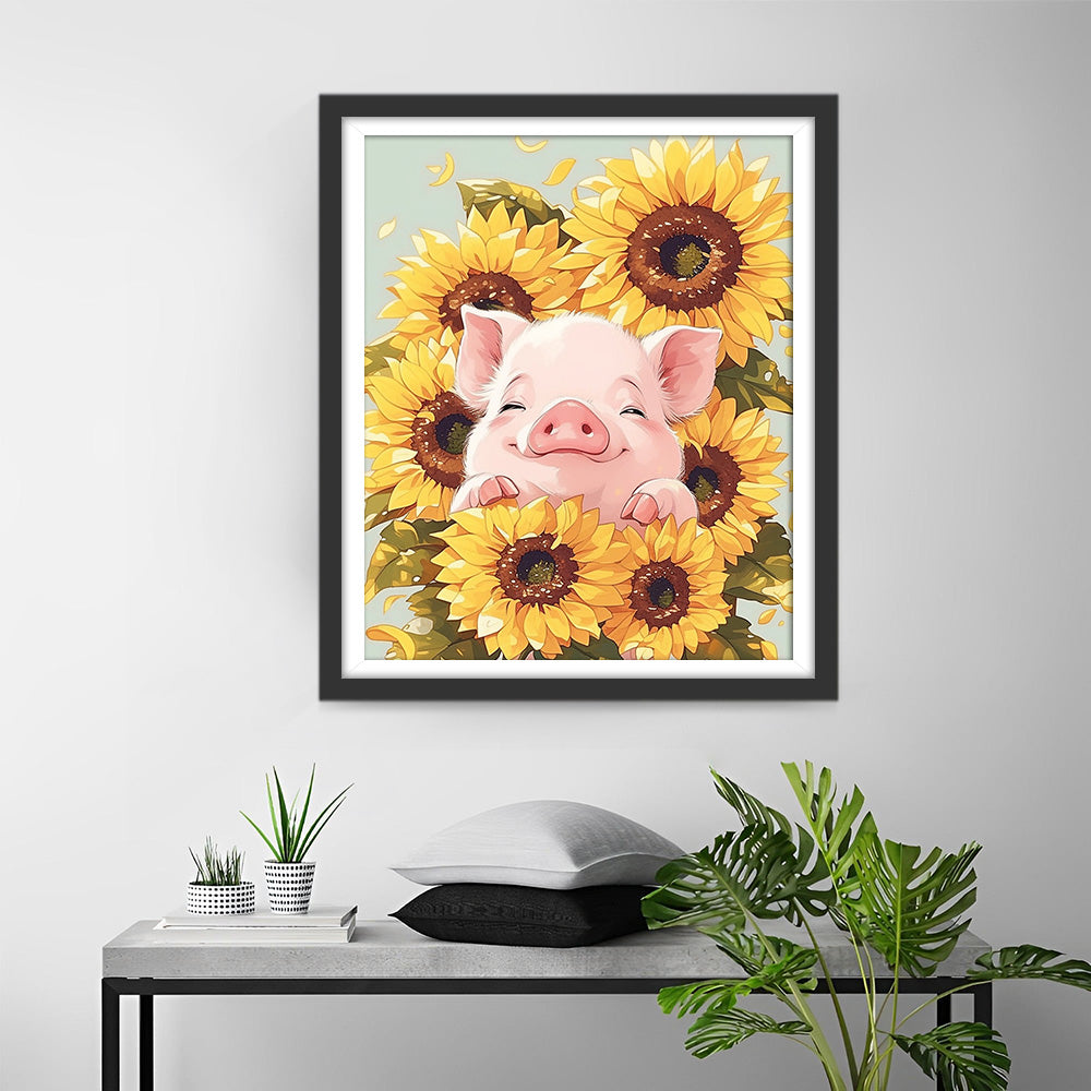 Schwein im Sonnenblumenstrauch Diamond Painting