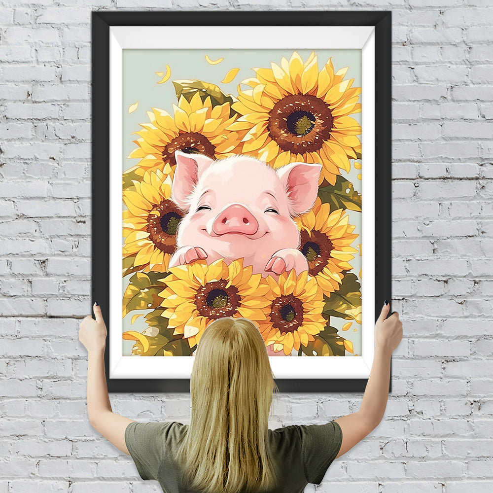 Schwein im Sonnenblumenstrauch Diamond Painting