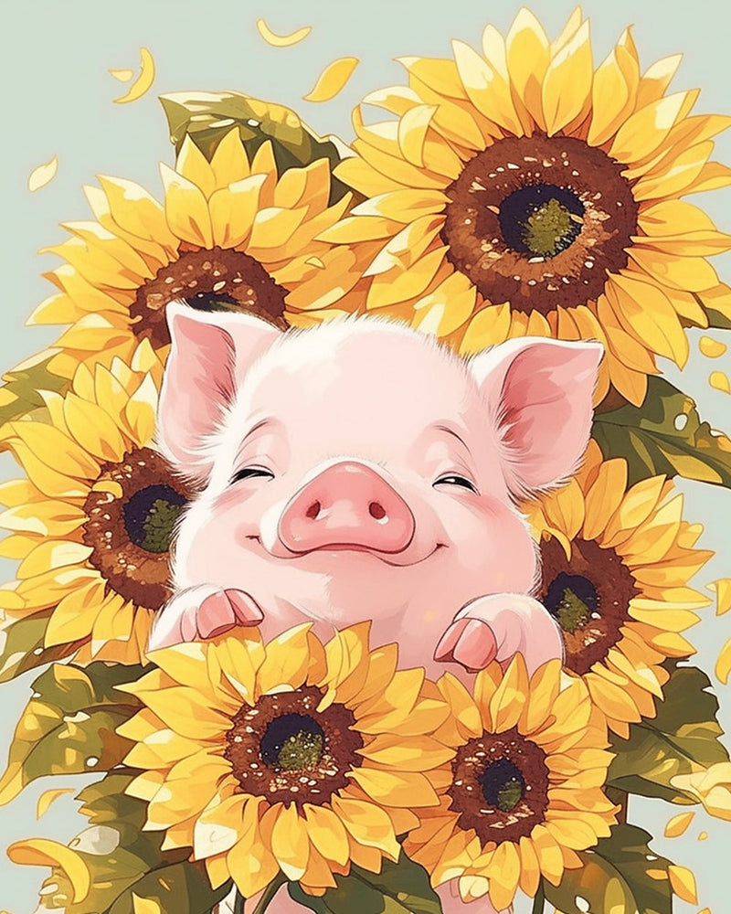Schwein im Sonnenblumenstrauch Diamond Painting