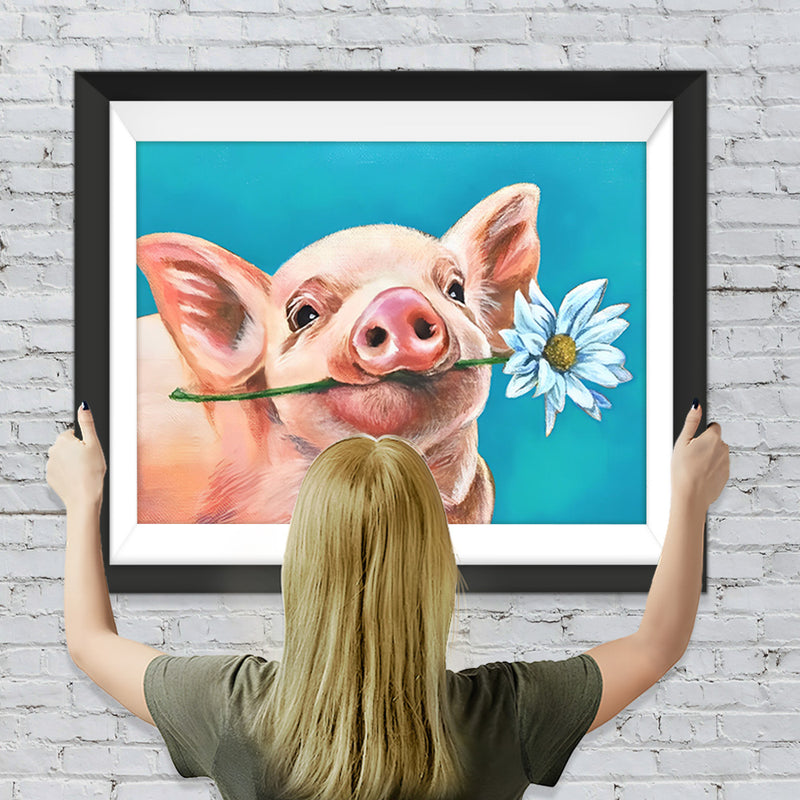 Schwein mit Gänseblümchen im Maul Diamond Painting