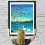 See, Bogenbrücke und weiße Schwäne Diamond Painting