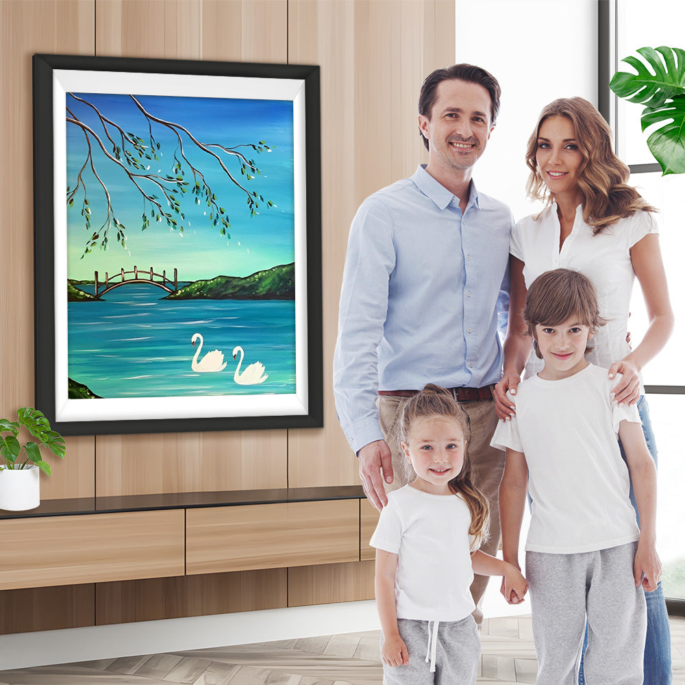 See, Bogenbrücke und weiße Schwäne Diamond Painting