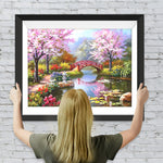 See, Brücke und rosa Blumenbaum Diamond Painting