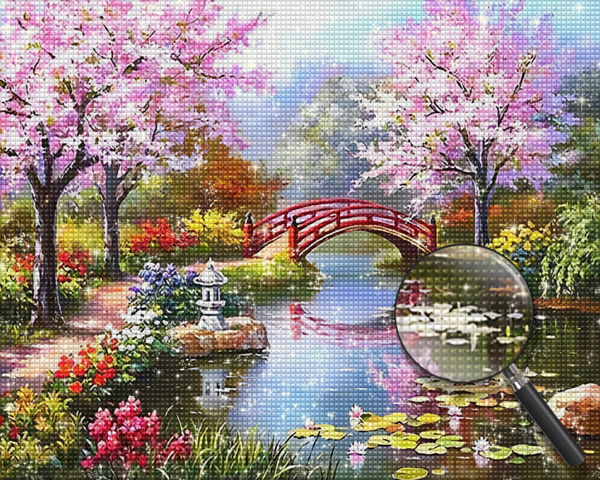 See, Brücke und rosa Blumenbaum Diamond Painting