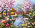 See, Brücke und rosa Blumenbaum Diamond Painting