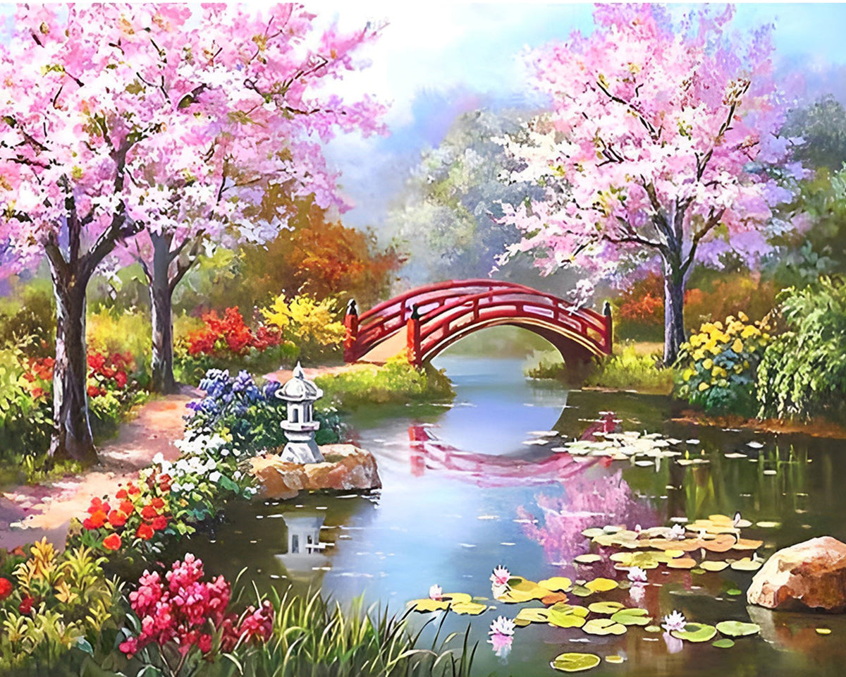 See, Brücke und rosa Blumenbaum Diamond Painting