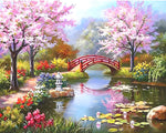See, Brücke und rosa Blumenbaum Diamond Painting