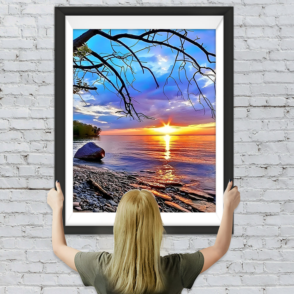 See und Baum bei Sonnenuntergang Diamond Painting