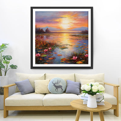 Seerosenteich bei Sonnenuntergang Diamond Painting