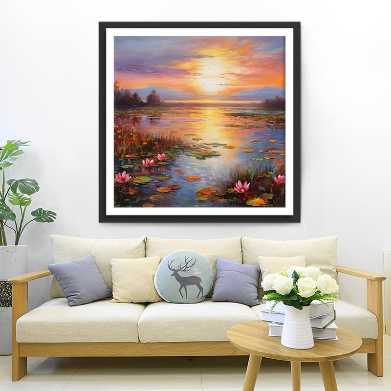 Seerosenteich bei Sonnenuntergang Diamond Painting