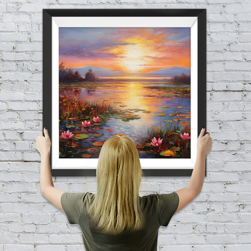 Seerosenteich bei Sonnenuntergang Diamond Painting
