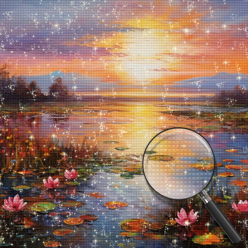 Seerosenteich bei Sonnenuntergang Diamond Painting