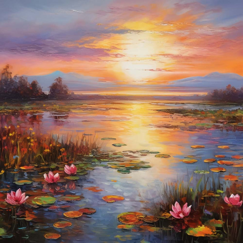 Seerosenteich bei Sonnenuntergang Diamond Painting