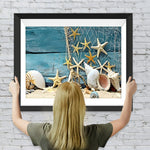 Seesterne und Muschel auf dem blauen Deck Diamond Painting