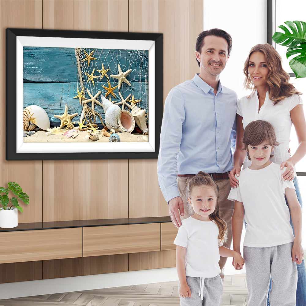 Seesterne und Muschel auf dem blauen Deck Diamond Painting