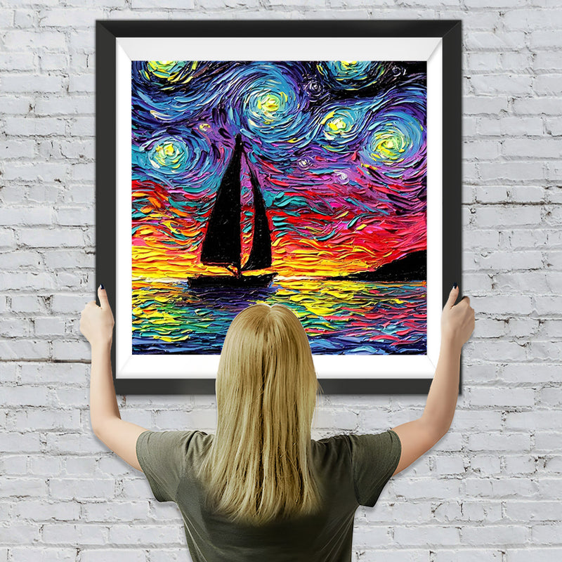 Segelboot auf Meer im Stil von van Gogh Diamond Painting