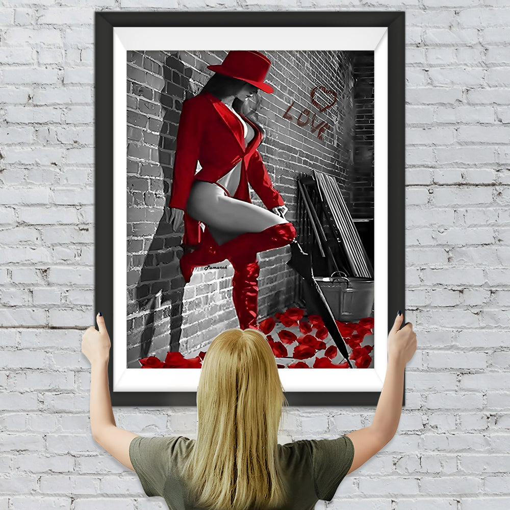 Sexy Frau in Rot an der Wand Diamond Painting