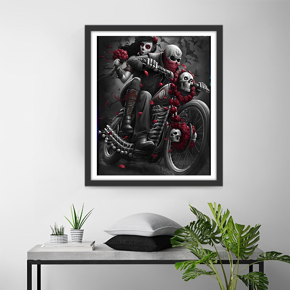 Skelett-Braut und Bräutigam auf Motorrad Diamond Painting