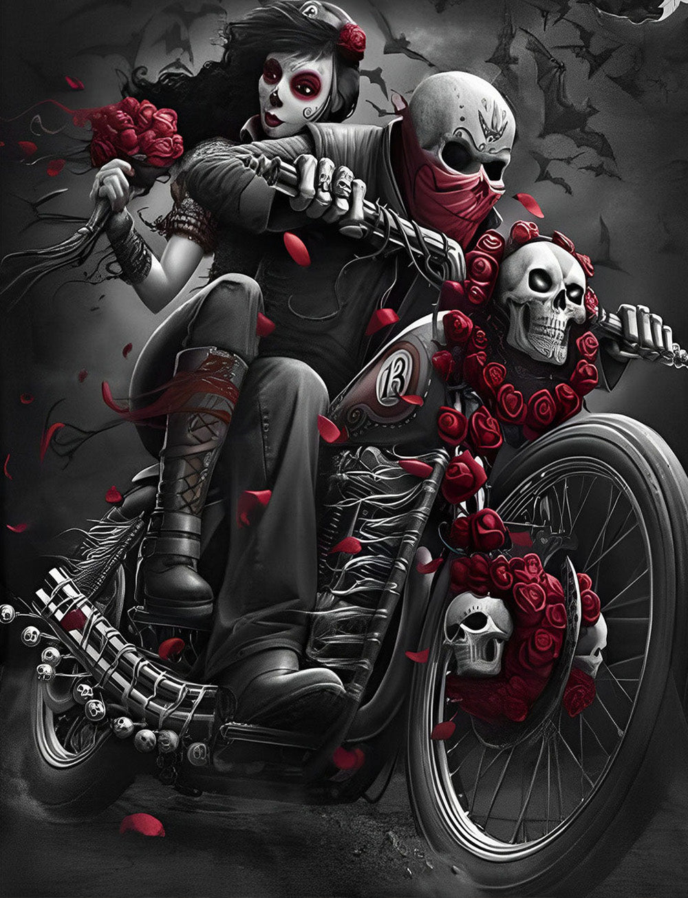 Skelett-Braut und Bräutigam auf Motorrad Diamond Painting