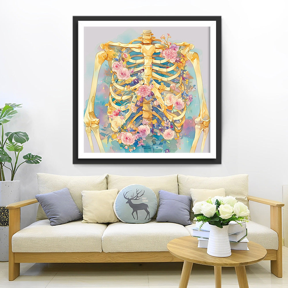 Skelett und rosa Blumen Diamond Painting