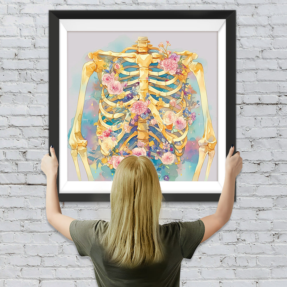 Skelett und rosa Blumen Diamond Painting