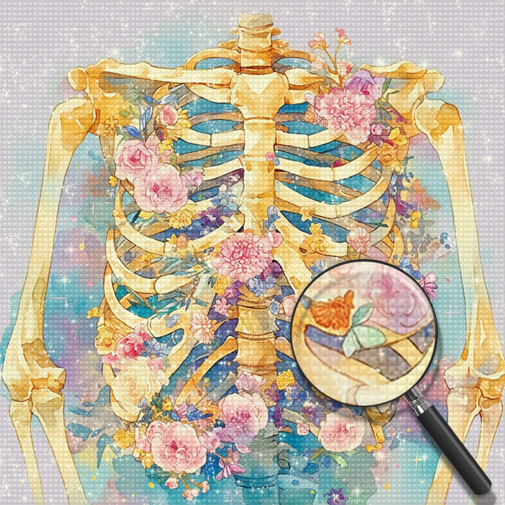 Skelett und rosa Blumen Diamond Painting
