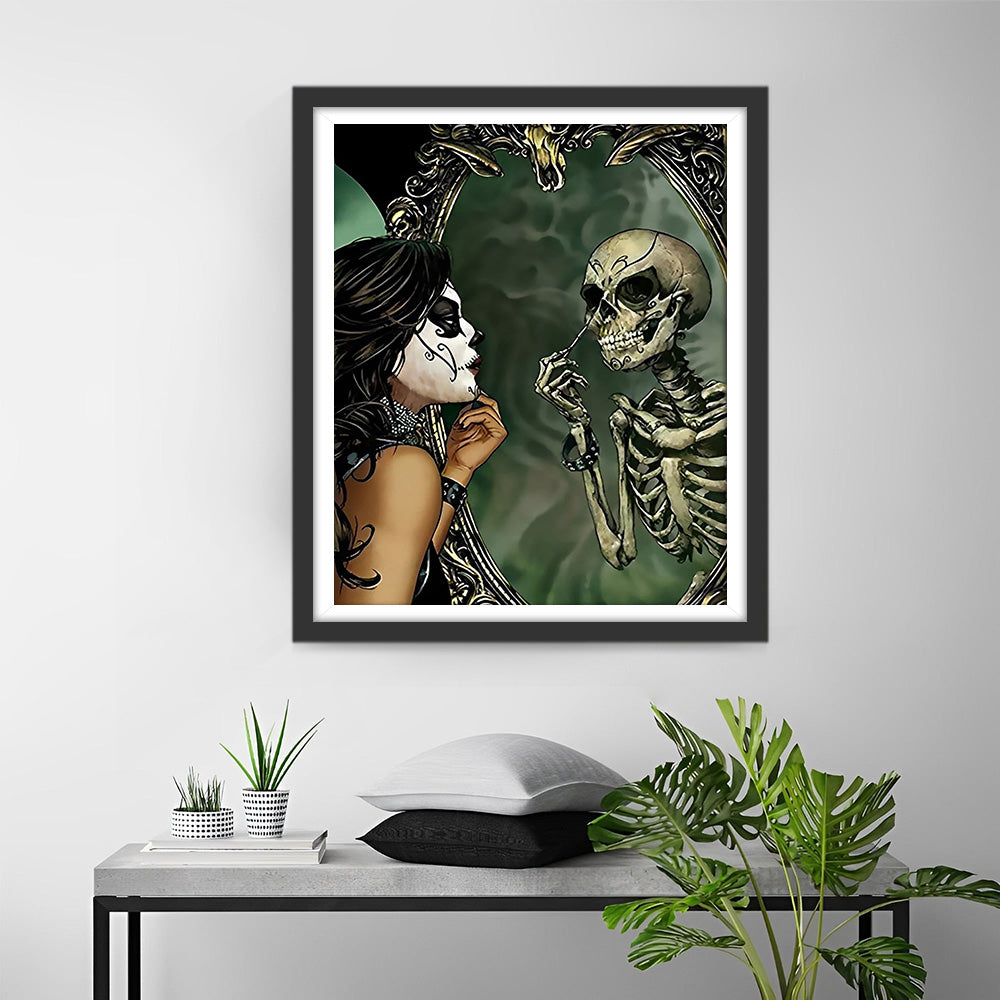 Skelettschönheit schaut in den Spiegel Diamond Painting