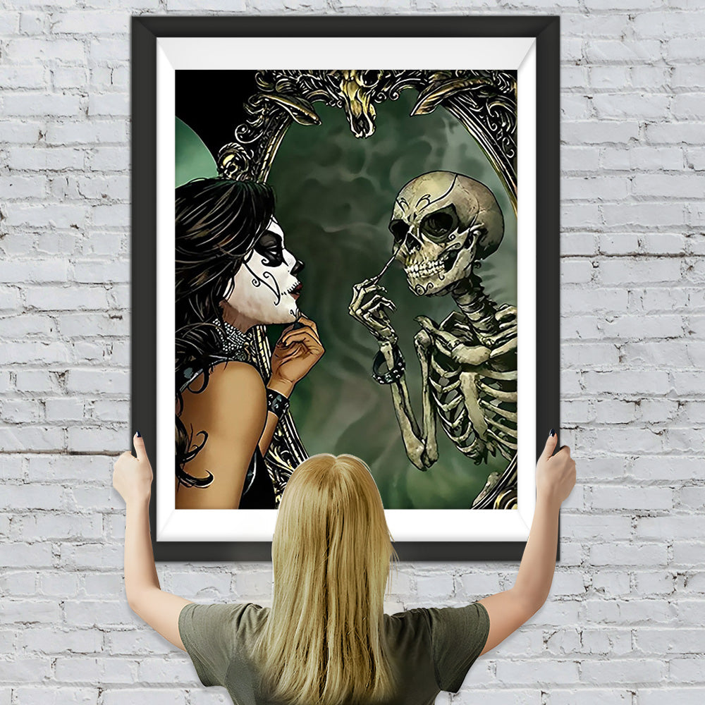 Skelettschönheit schaut in den Spiegel Diamond Painting