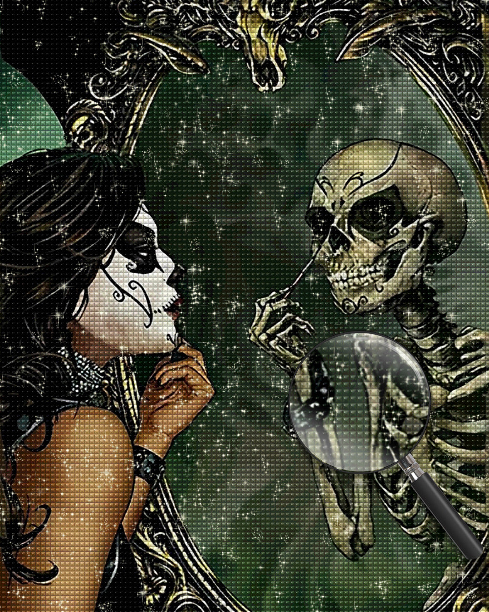 Skelettschönheit schaut in den Spiegel Diamond Painting