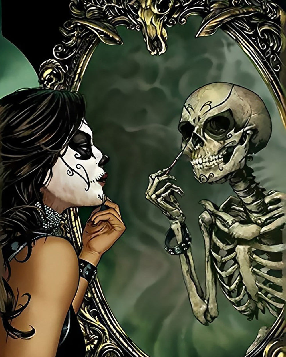 Skelettschönheit schaut in den Spiegel Diamond Painting