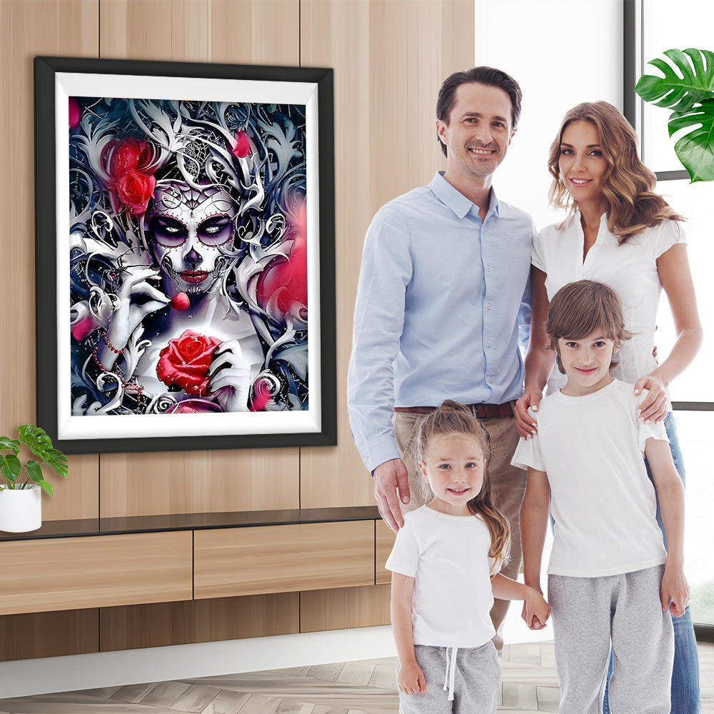 Skelettschönheit und rote Rosen Diamond Painting