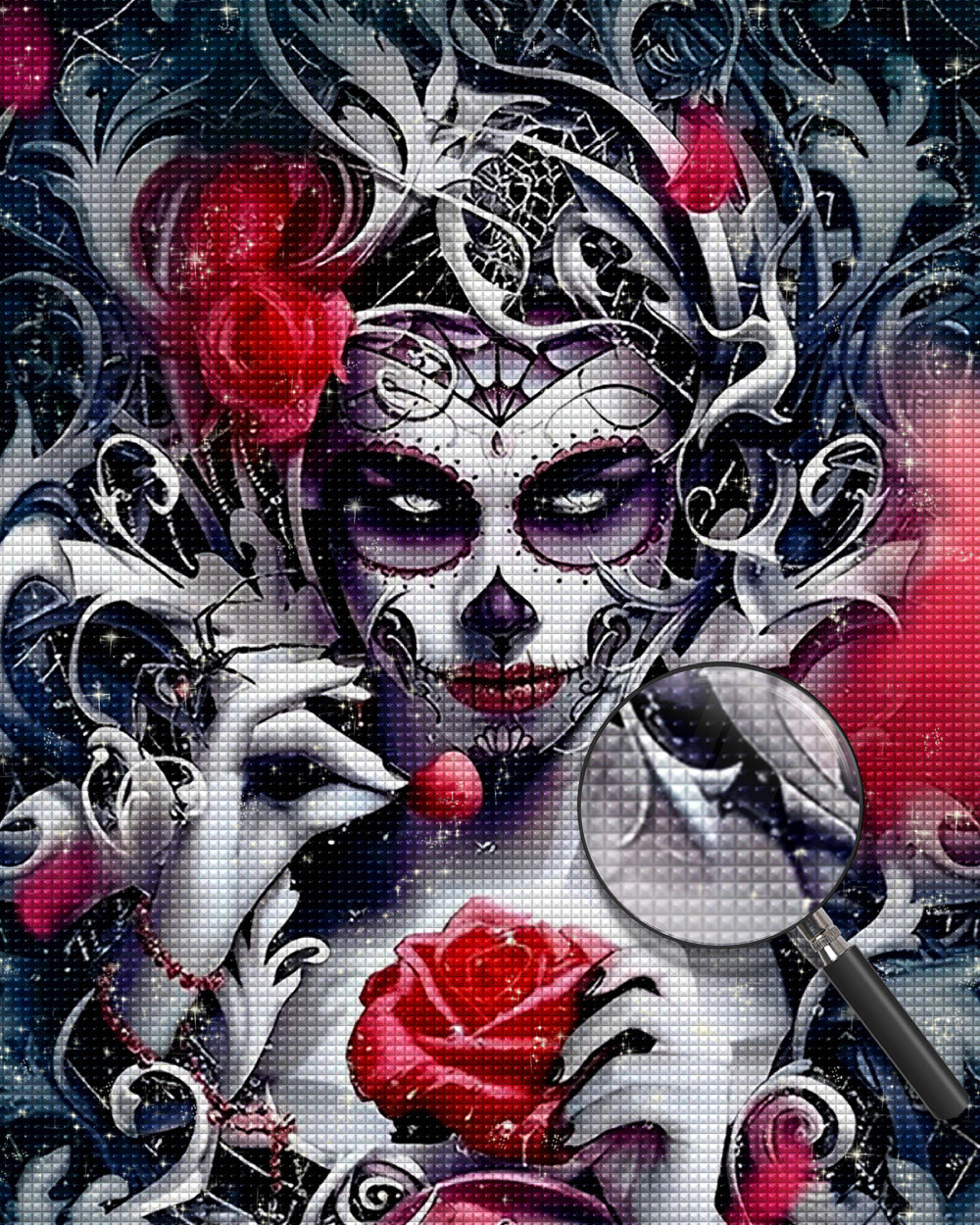 Skelettschönheit und rote Rosen Diamond Painting