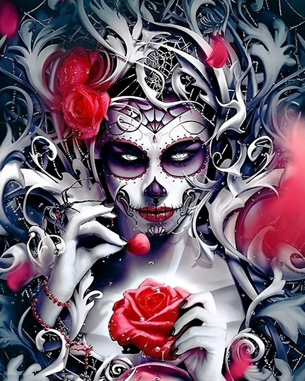 Skelettschönheit und rote Rosen Diamond Painting
