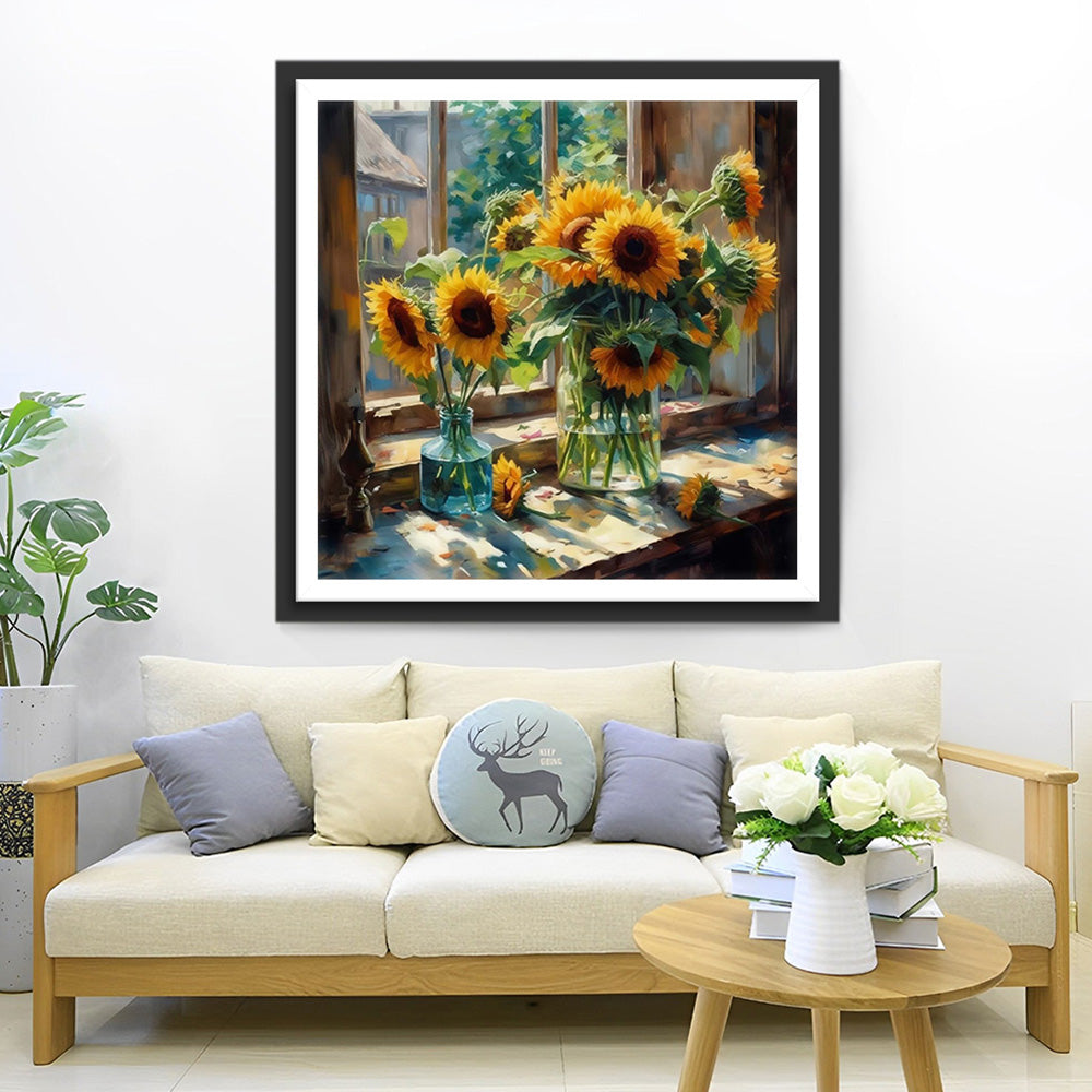 Sonnenblumen auf der Fensterbank Diamond Painting