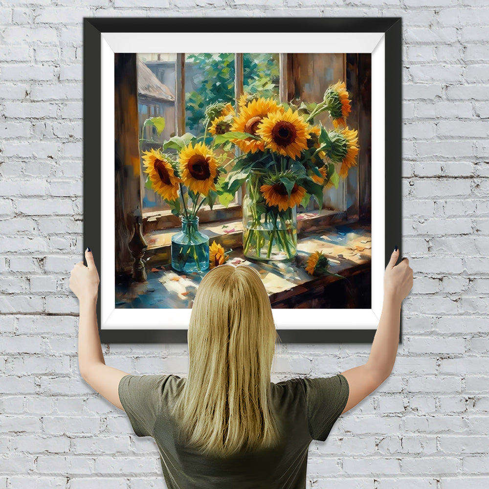 Sonnenblumen auf der Fensterbank Diamond Painting