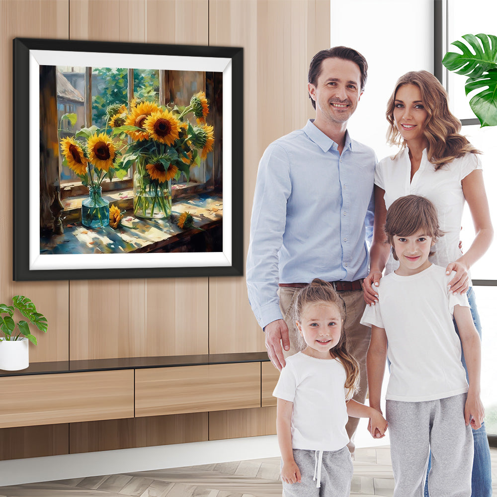 Sonnenblumen auf der Fensterbank Diamond Painting