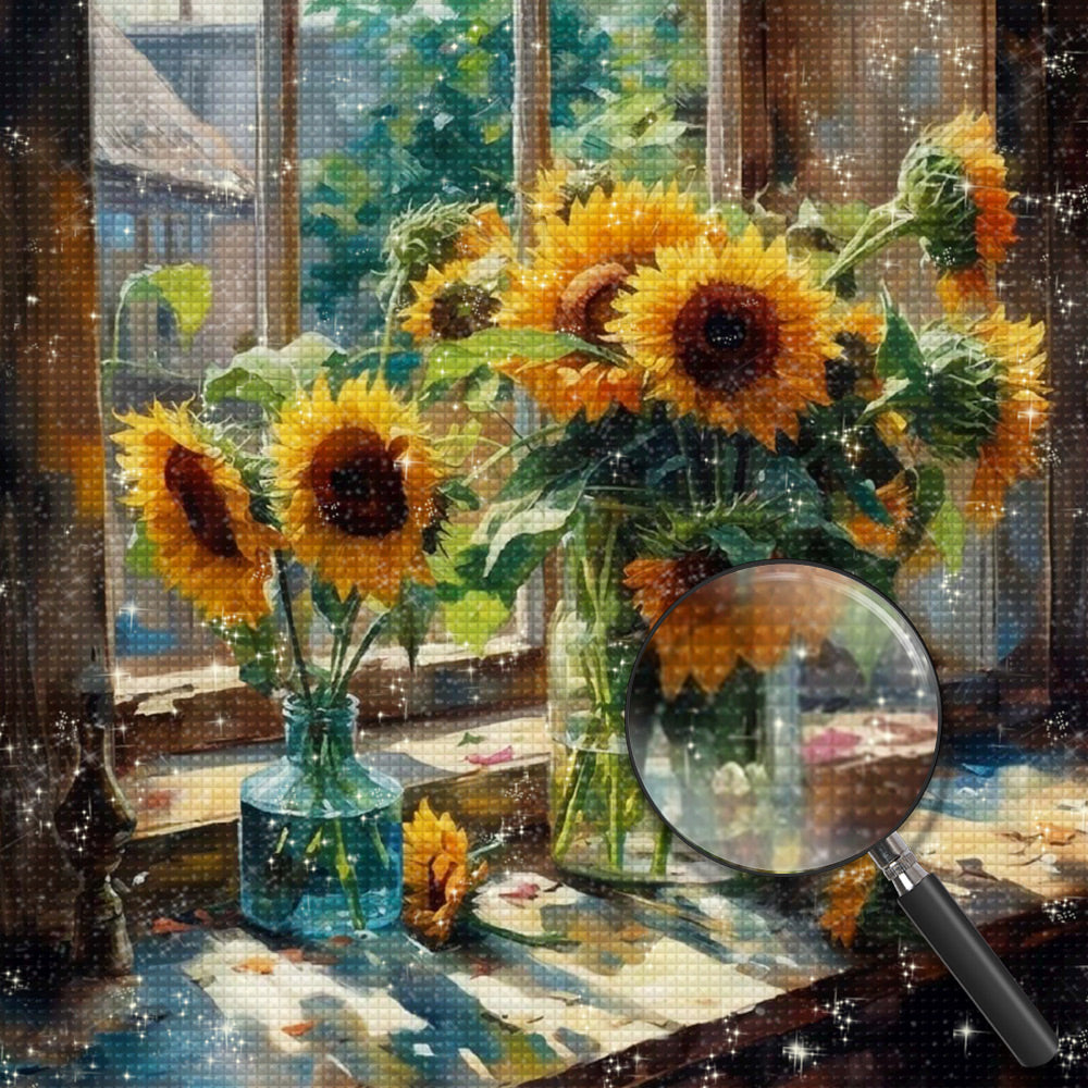 Sonnenblumen auf der Fensterbank Diamond Painting