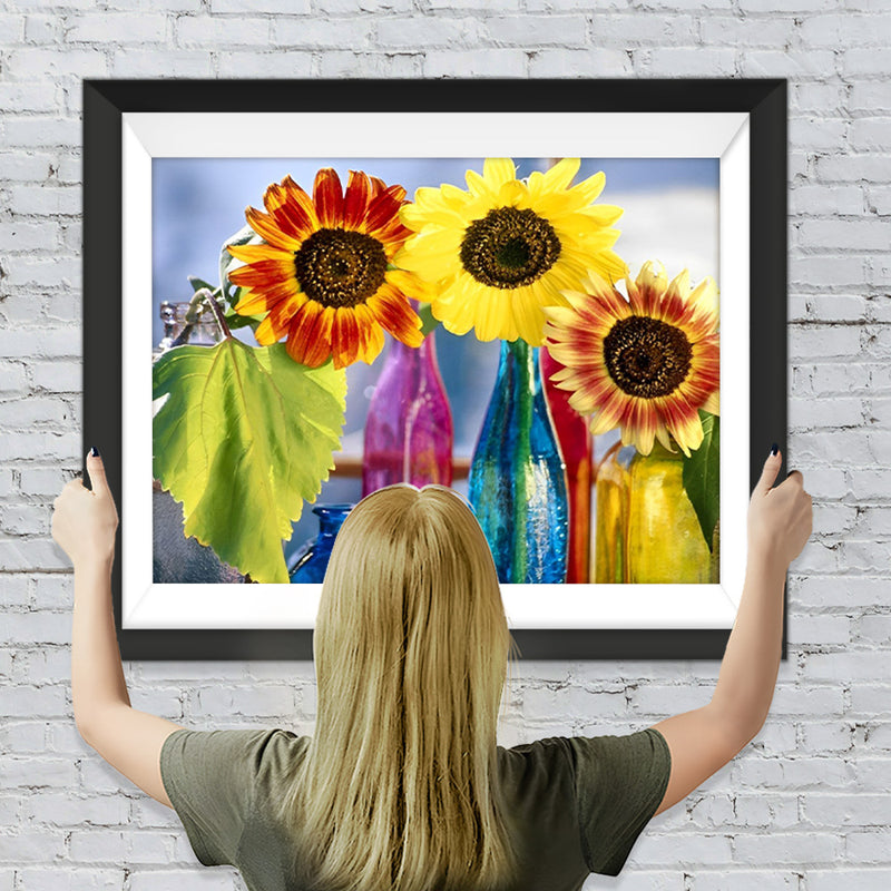 Sonnenblumen in bunten Glasflachen Diamond Painting