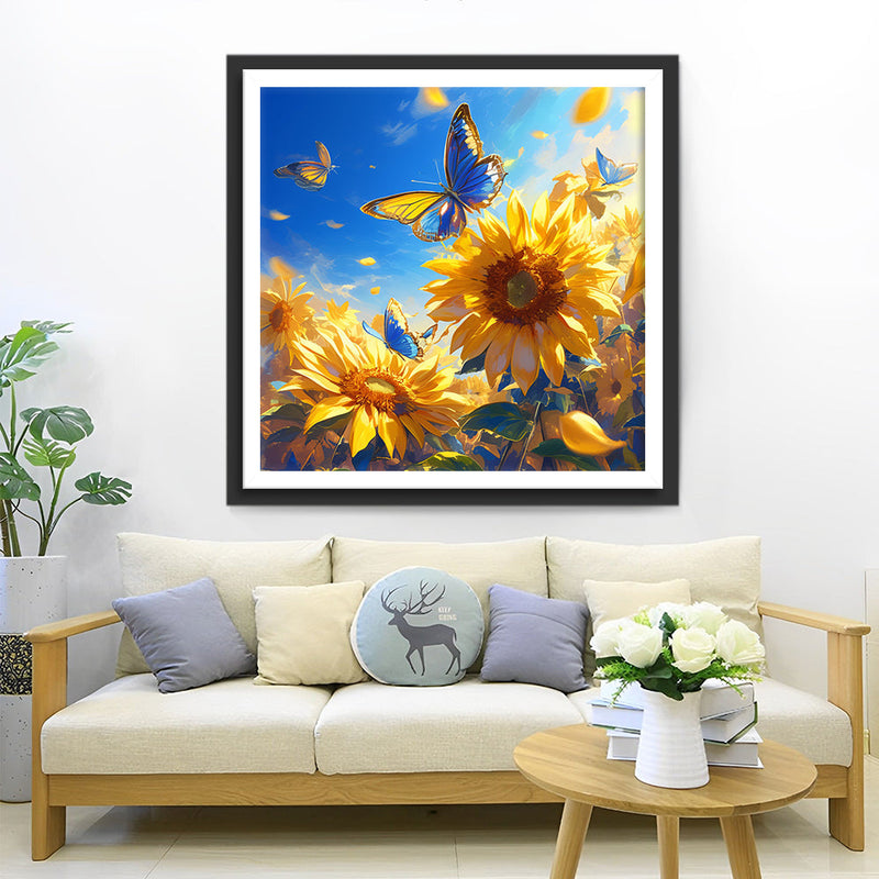 Sonnenblumen und Blaue Schmetterlinge Diamond Painting